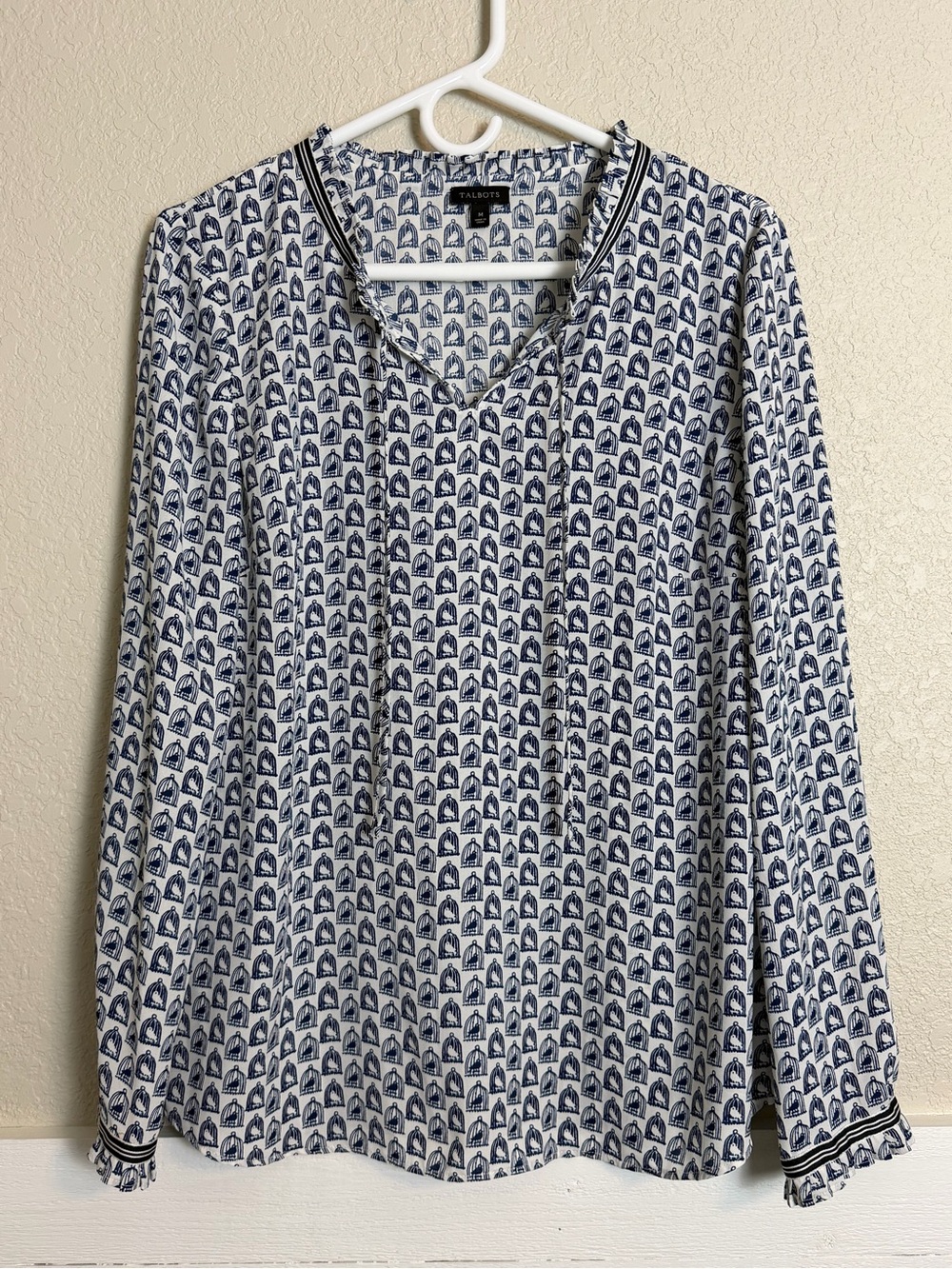 Talbots Navy & White Printed Long-Sleeve V-Neck Blouse